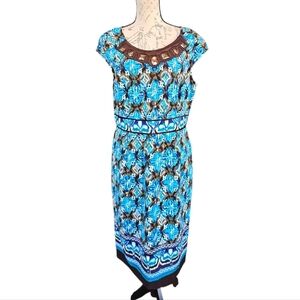 Sangria Turquoise Brown Floral Tribal Print Short Cap Sleeve Dress 12